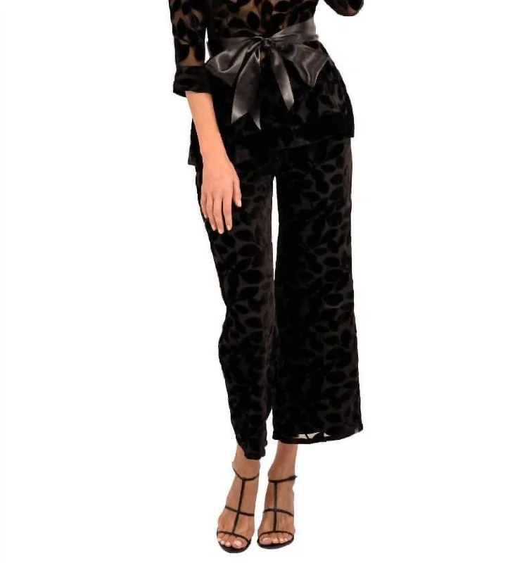 Women's Floral Pants-Palazzo Pant - Luxe Leaf Velvet In Black