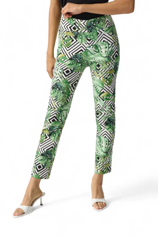 Women's Cigarette Pants-Palm Print Capris Pant In Vanilla/multi