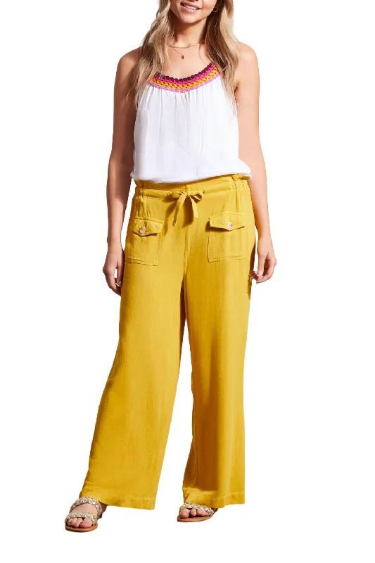 Women's Dress Pants-Paperbag Pull On Wide Leg Pants In Limoncello