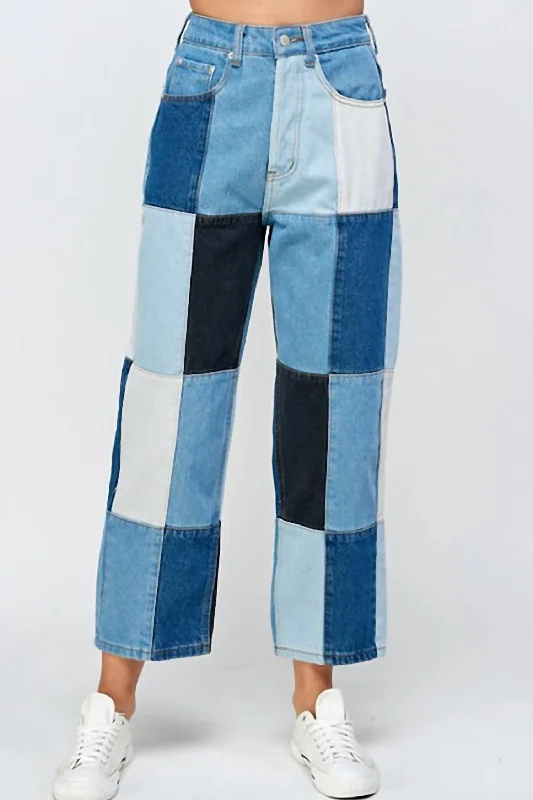 Women's Cigarette Pants-Patchwork Straight Jeans In Mixed Blue Denim