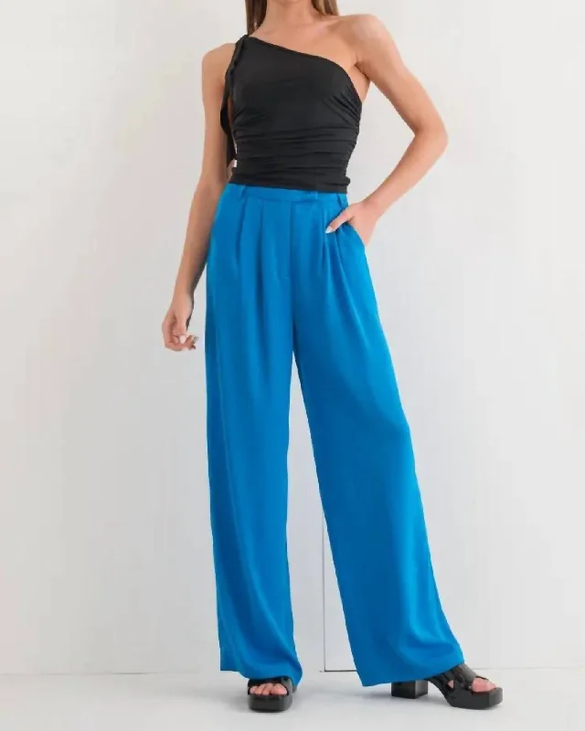 Women's Multi Stripe Pants-Pin Tuck Wide Leg Pants In Cerulean Blue