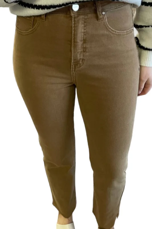 Women's Patterned Pants-Raw Hem Side Slit Straight Jeans In Cocoa