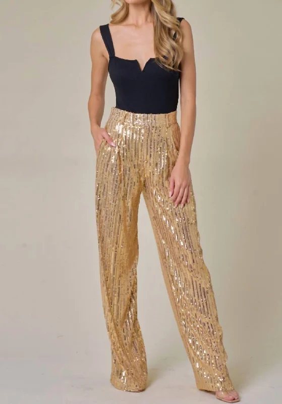 Women's Curvy Fit Pants-Sequins Wide Leg Pant In Gold