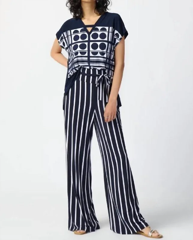 Women's Lace Pants-Striped Silky Knit Wide-Leg Pants In Midnight Blue/vanilla