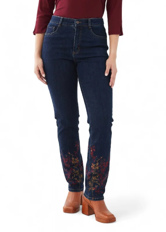 Women's Dressy Pants-Suzanne Straight Leg Jean In Dark Rinse Embroidered