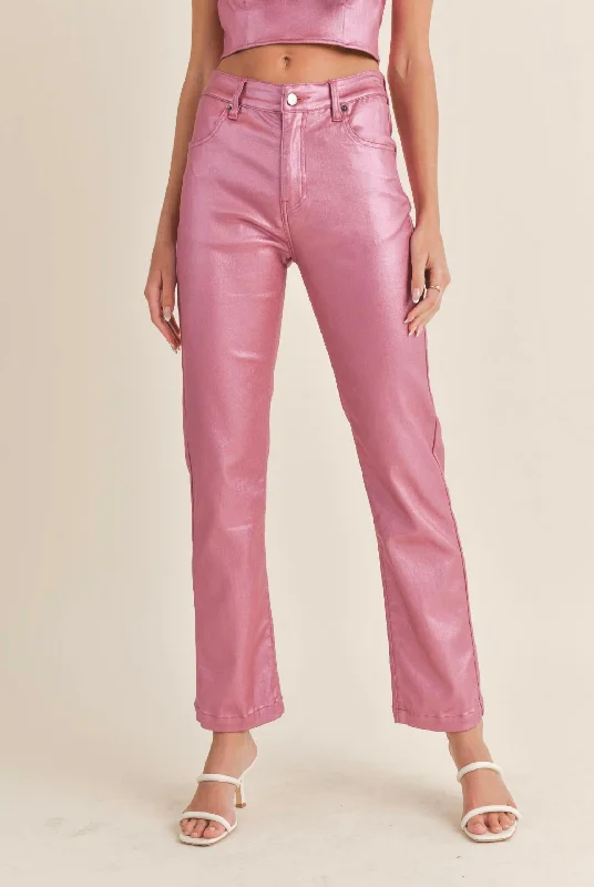 Women's Jogging Pants-Sweet Surprise Coated Straightleg Pant In Pink