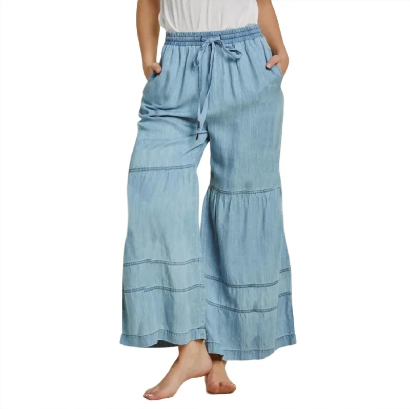 Women's Petite Pants-Tiered Wide Leg Pants In Washed Denim