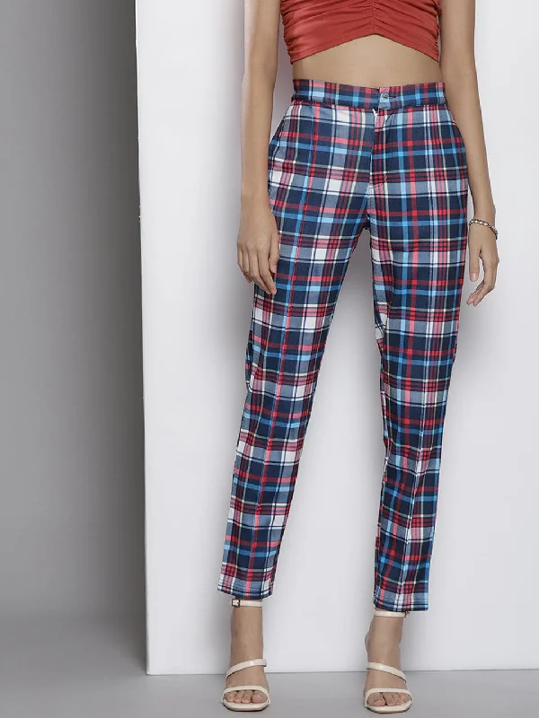 Women's Modern Pants-Women Blue Check Knit Tapered Pants