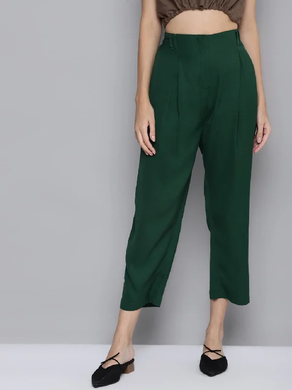 Women's Printed Pants-Women Emerald Green Front Zip Detail Pants