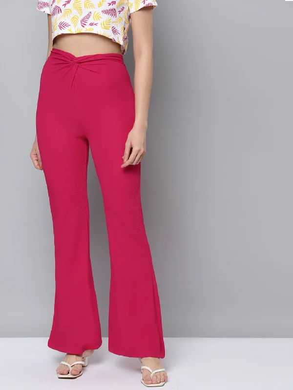 Women's Paperbag Waist Pants-Women Fuchsia Twisted Waist Bell Bottom Pants