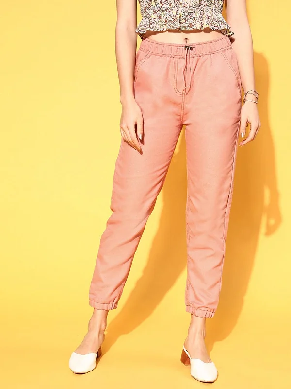 Women's Slim Fit Pants-Women Pink Denim Joggers