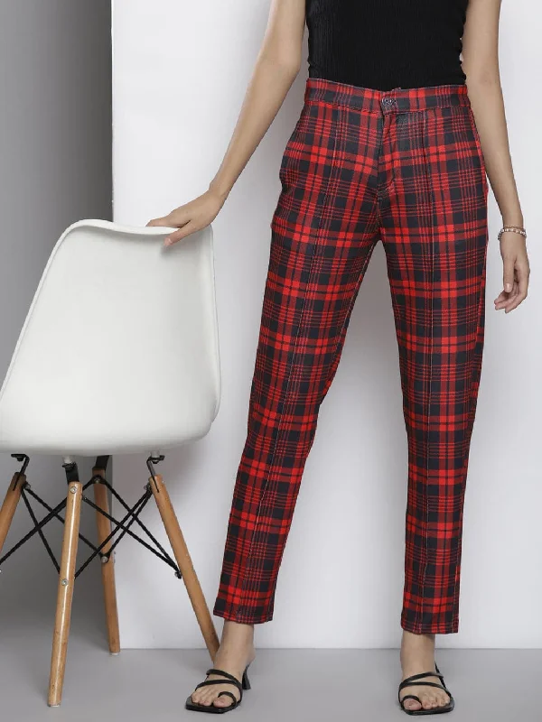 Women's Loose Fit Pants-Women Red Check Knit Tapered Pants