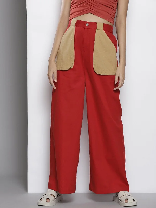 Women's Hem Detail Pants-Women Red Twill Contrast Pouch Pocket Pants