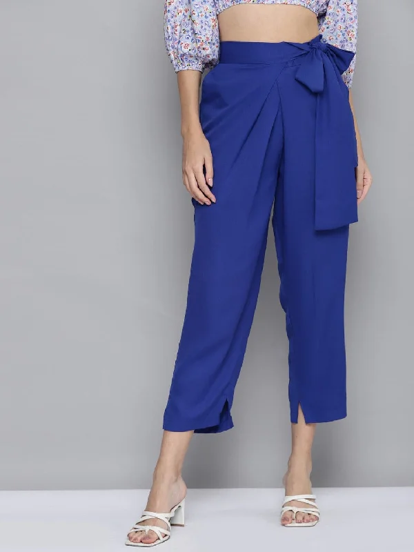 Women's Sequin Pants-Women Royal Blue Wrap Tapered Pants