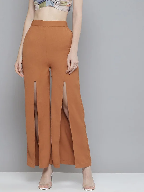 Women's Spring Pants-Women Rust Front Slit Wide Leg Pants