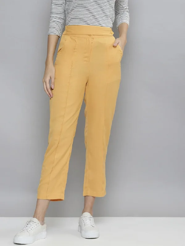 Women's Ribbed Pants-Women Yellow Belted Tapered Pants