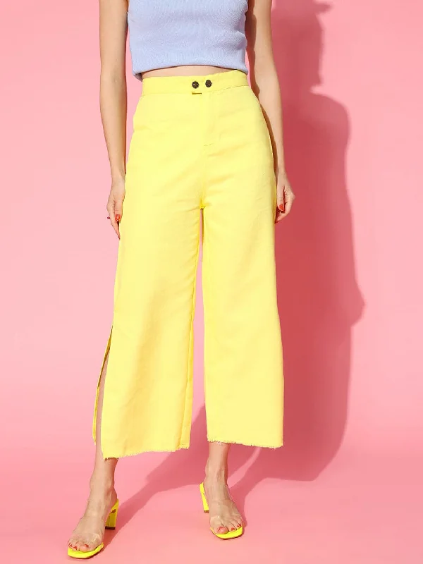 Women's Skinny Pants-Women Yellow Side Slit Pants