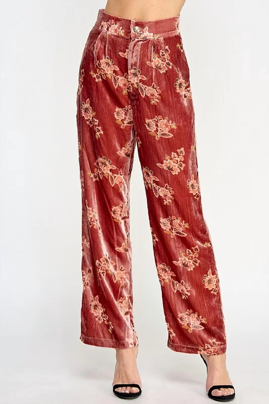 Women's Palazzo Pants-Women's Floral Velvet Trousers In Red