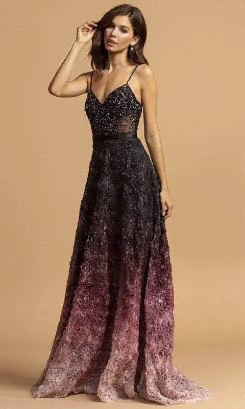 Women's Aubergine Evening Dresses-Aspeed Design - V-Neck Ombre A-Line Evening Dress L2224