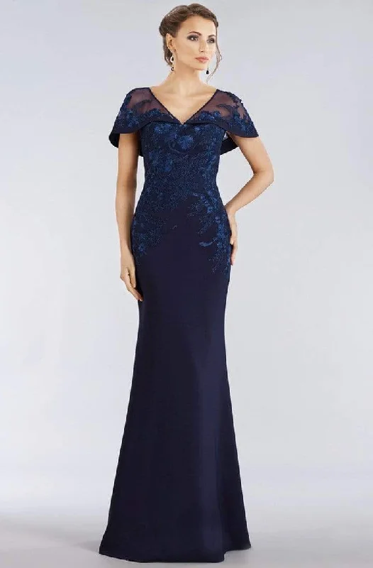 Women's Sapphire Evening Gowns-Gia Franco - Floral Embroidered Cape Sleeve Mermaid Gown 12955 - 1 pc Navy In Size 10 Available