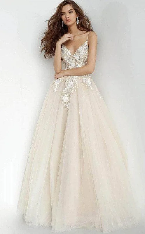 Women's V-Neck Evening Dresses-Jovani - Embellished V-Neck Prom Ballgown 02758SC - 1 pc Nude In Size 8 Available