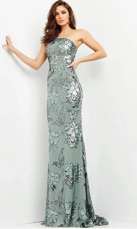 Women's Strapless Evening Dresses-Jovani - Floral Sequin One Shoulder Long Gown 04331SC