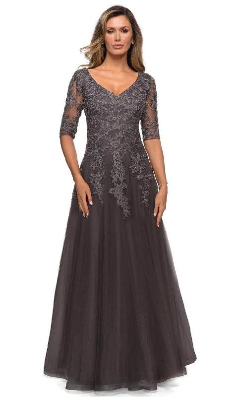 Women's Aubergine Evening Gowns-La Femme - Laced Quarter Sleeve Formal Dress 27993SC