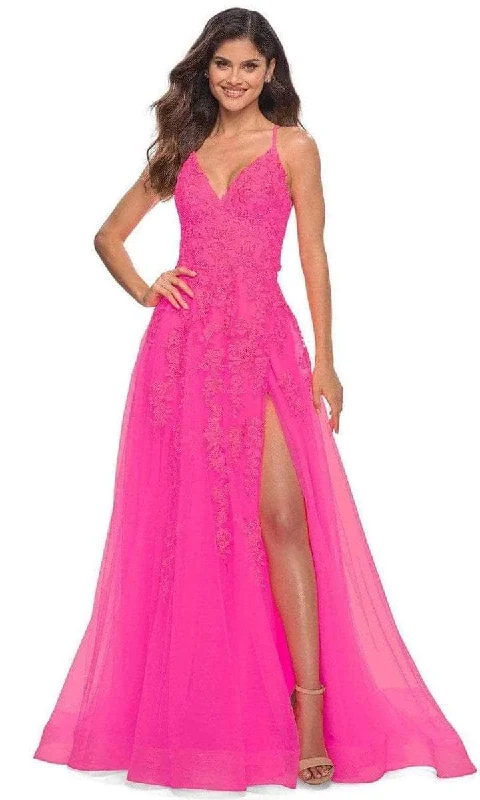 Women's Champagne Evening Gowns-La Femme - V-Neck Floral Prom Dress 30303SC